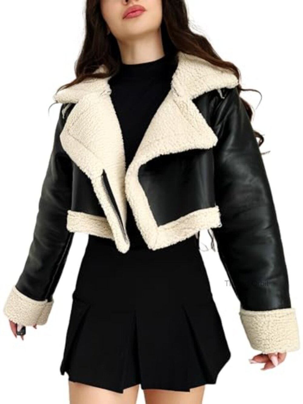 Genuine Leather Cropped Bomber Jacket with Faux Fur Shearling Lining